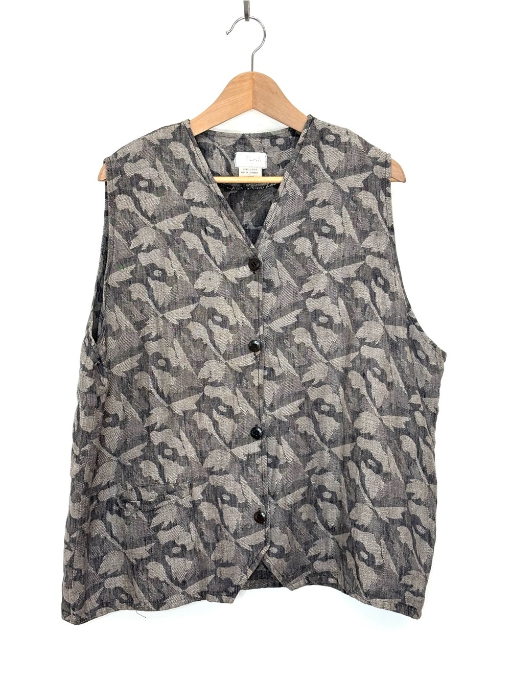Vintage FLAX by Angelheart 90s Woven Linen Vest Gray Beige Floral Large